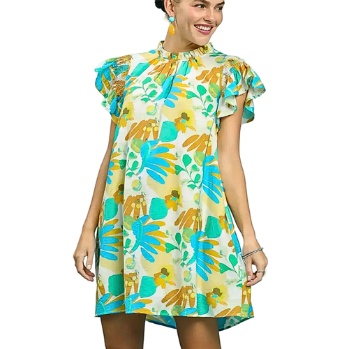 Umgee USA Babydoll Mini Dress Floral Mix Botanical Print Ruffle Neck Short Sleeve