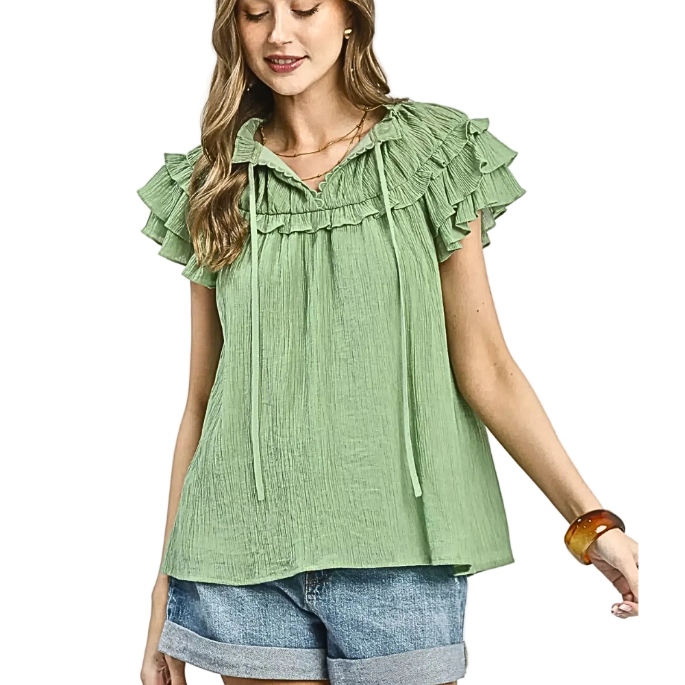 Umgee USA Blouse Ruffled Tie V-Neck Flutter Short Sleeve Textured Sage Green Top