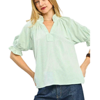 Umgee USA Blouse Textured V-neck Ruffle Light Green Short Sleeve Casual Top