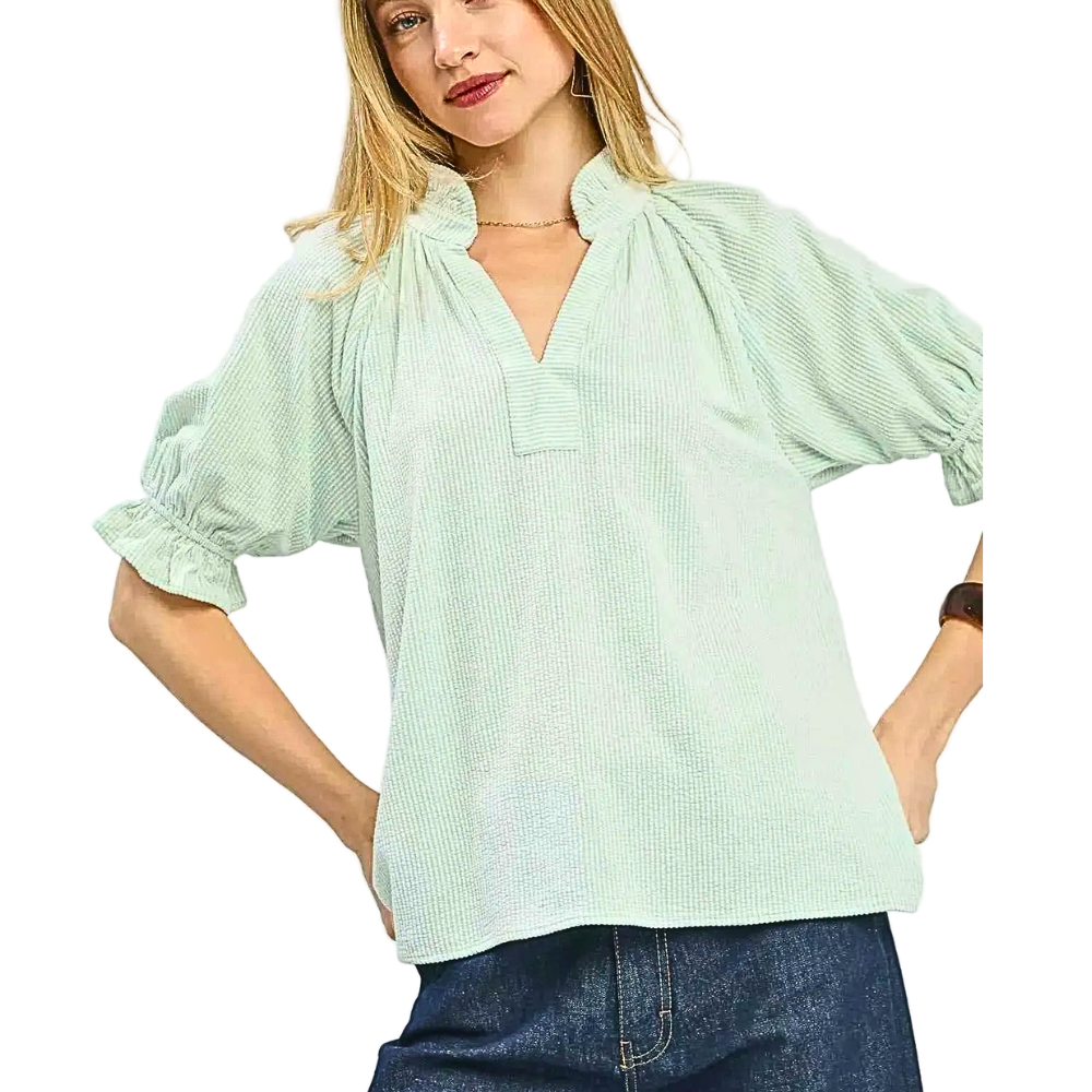 Umgee USA Blouse Textured V-neck Ruffle Light Green Short Sleeve Casual Top