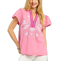 Umgee_USA_Blouse_V-Neck_Stripe_Trim_Floral_Embroidered_Pink_Ruffle_Sleeve_Top