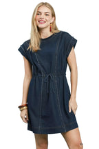 Umgee USA Dark Denim Mini Dress – Drawstring Waist & Frayed Detail | Styleinger