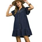 Umgee USA Denim Mini Dress Ruffled Smocked V-neck Dark Blue Short Sleeve