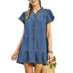 Umgee USA Denim Mini Dress Ruffled Smocked V-neck Light Blue Short Sleeve