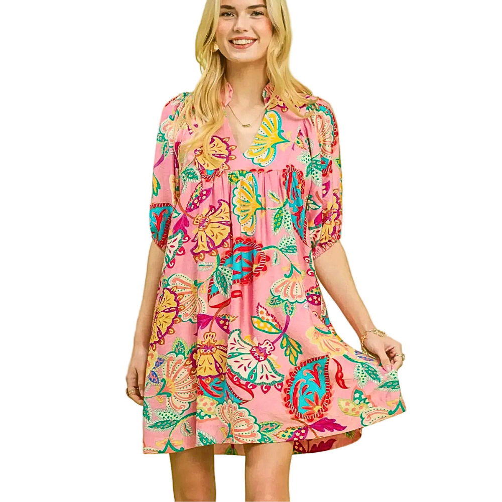 Umgee USA Floral Mini Dress Casual Pink Mix V-Neck Ruffle Short Puff Sleeve