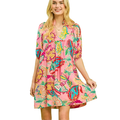 Umgee USA Floral Mini Dress Casual Pink Mix V-Neck Ruffle Short Puff Sleeve