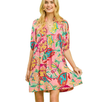 Umgee USA Floral Mini Dress Casual Pink Mix V-Neck Ruffle Short Puff Sleeve