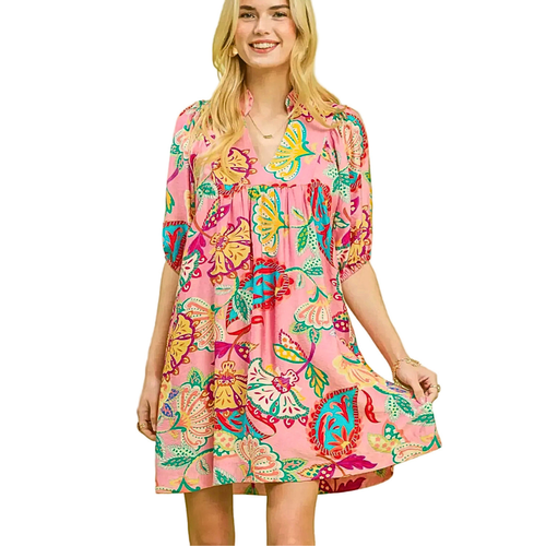 Umgee USA Floral Mini Dress Casual Pink Mix V-Neck Ruffle Short Puff Sleeve