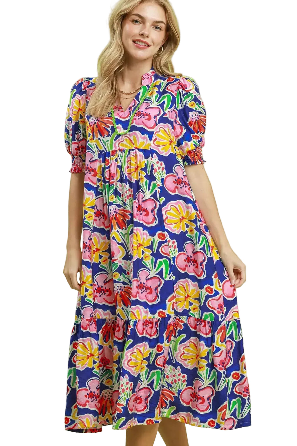 Umgee USA Floral Puff Sleeve Tiered Midi Dress – Blue Mix | Styleinger