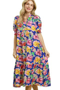 Umgee USA Floral Puff Sleeve Tiered Midi Dress – Blue Mix | Styleinger