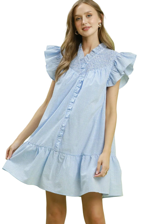 Umgee USA Light Blue Stripe Smocked Ruffle Mini Dress – Oversized | Styleinger