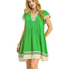 Umgee USA Linen Mini Dress Green V-Neck Stripe Trim Flutter Ruddle Short Sleeves