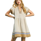 Umgee USA Leinen-Minikleid V-Ausschnitt Streifenbesatz Rüschen A-Linie Kurzarm Beige