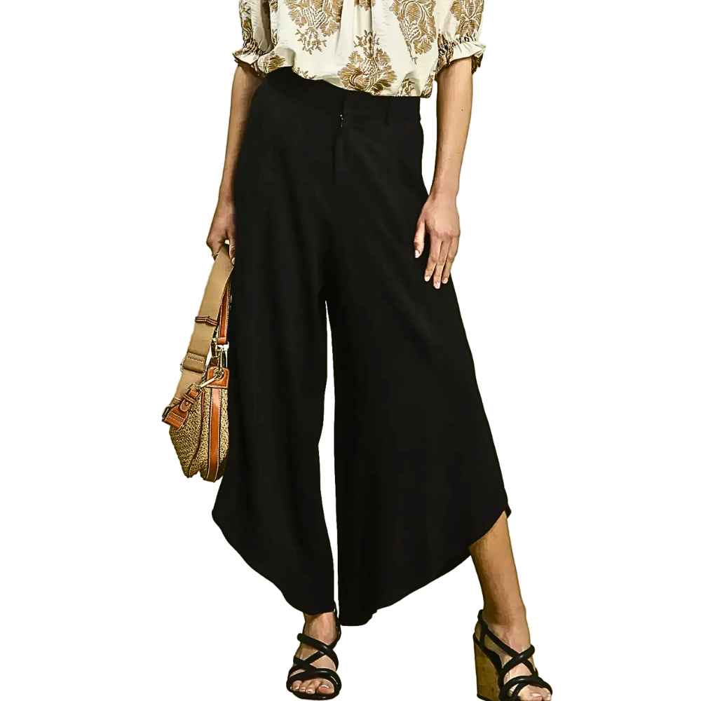 Umgee USA Linen Pants Wide Leg Asymmetrical Hem Black Flowy High Waist Trousers