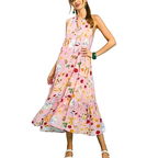 Umgee USA Midi Dress Button V-Neck Floral Light Pink Sleeveless Ruffle Layered
