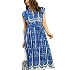 Umgee USA Midi Dress Floral Blue Stripe Mix V-Neck Button Sleeveless Smocked