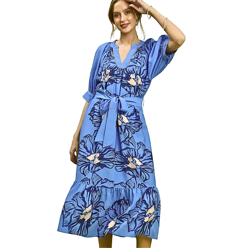 Umgee USA Midi Dress Floral Blue Tie Belted V-Neck Stripe Trim Ruffle Short Sleeve