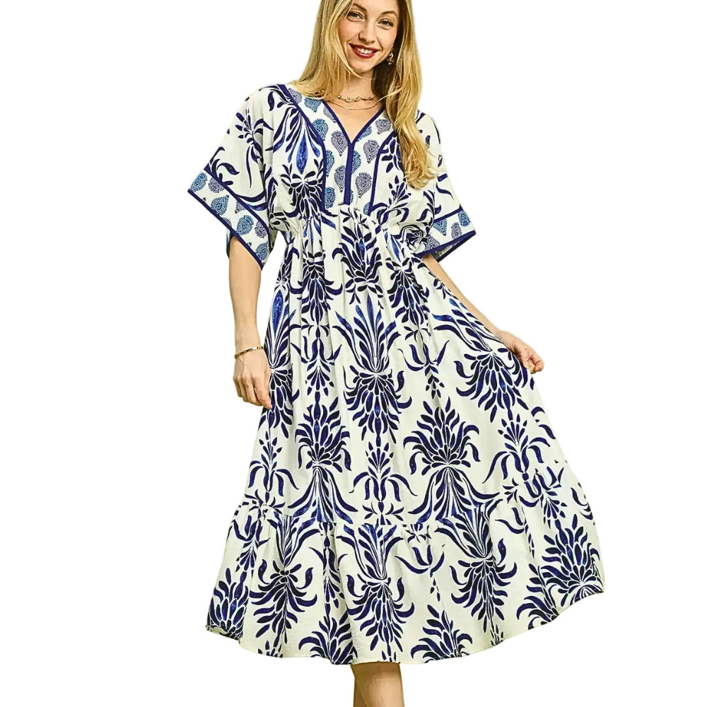Umgee USA Midi Dress Floral Blue V-Neck Stripe Trim Ruffle High Waist Dolman Sleeve