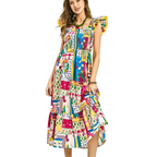 Umgee USA Midi Dress Floral Colorful Smocked Square Neck Ruffle Strappy Sleeve 