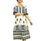 Umgee USA Midi Dress Floral Navy Mix Print V-Neck Collar Short Puff Ruffle Sleeve
