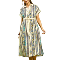 Umgee USA Midi Dress Floral Vertical Stripe Print Tie Belt Waist Split V-Neck Cotton