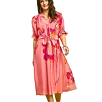 Umgee USA Midi Dress Pink Floral Belted V-Neck Ruffle Short Puff Sleeve Tied