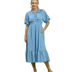 Umgee USA Midi Dress Ruffle Smocked V-Neck Blue Short Sleeve with Pockets