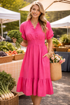 Umgee USA Midi Dress Ruffle Smocked V-Neck High Waist Short Sleeve Pocketed
