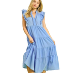 Umgee USA Midi Dress Seersucker V-Neck Stripe Trim Ruffle Short Sleeve Sky Blue