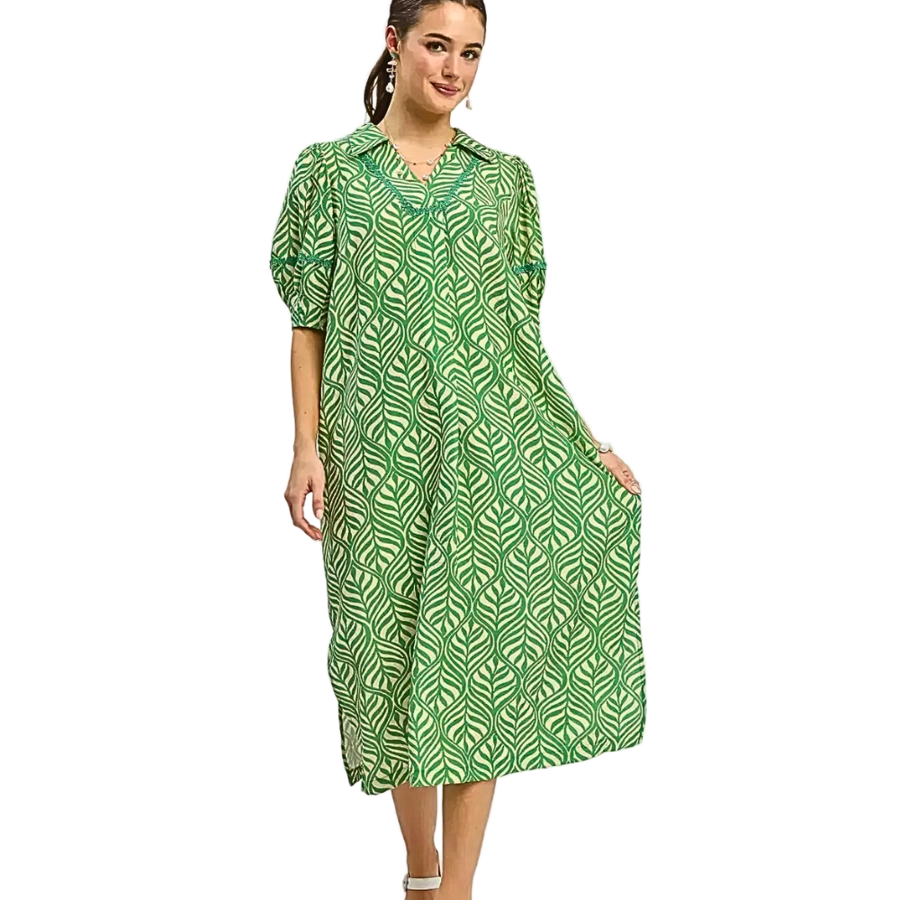 Umgee USA Midi Dress V-Neck Lace Trim Green Floral Leaf Print with Pockets
