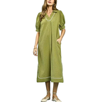 Umgee USA Midikleid V-Ausschnitt Streifenbesatz Helles Salbeigrün Seersucker mit Taschen