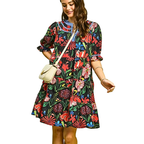 Umgee USA Mini Dress Black Floral V-Neck Trim Ruffle Short Sleeve Babydoll