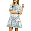Umgee USA Mini Dress Floral Stripe V-Neck Button Trim Ruffle Blue Mix Short Sleeve