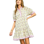 Umgee USA Mini Dress Floral Stripe V-Neck Button Trim Ruffle Pink Mix Short Sleeve