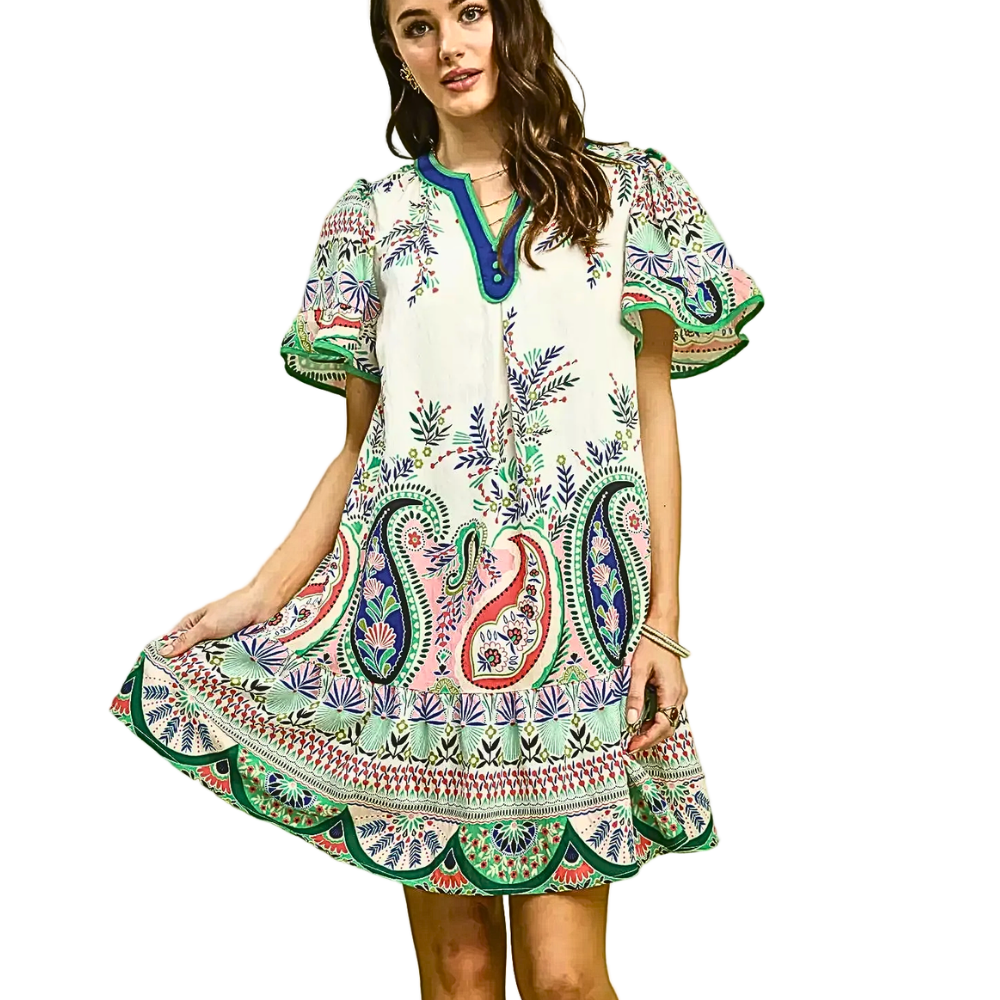 Umgee USA Mini Dress Paisley Floral Print Green Blue Mix V-Neck Trim Ruffle Sleeve