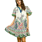Umgee USA Mini Kleid Paisley Blumenmuster Grün Blau Mix V-Ausschnitt Besatz Rüschenärmel
