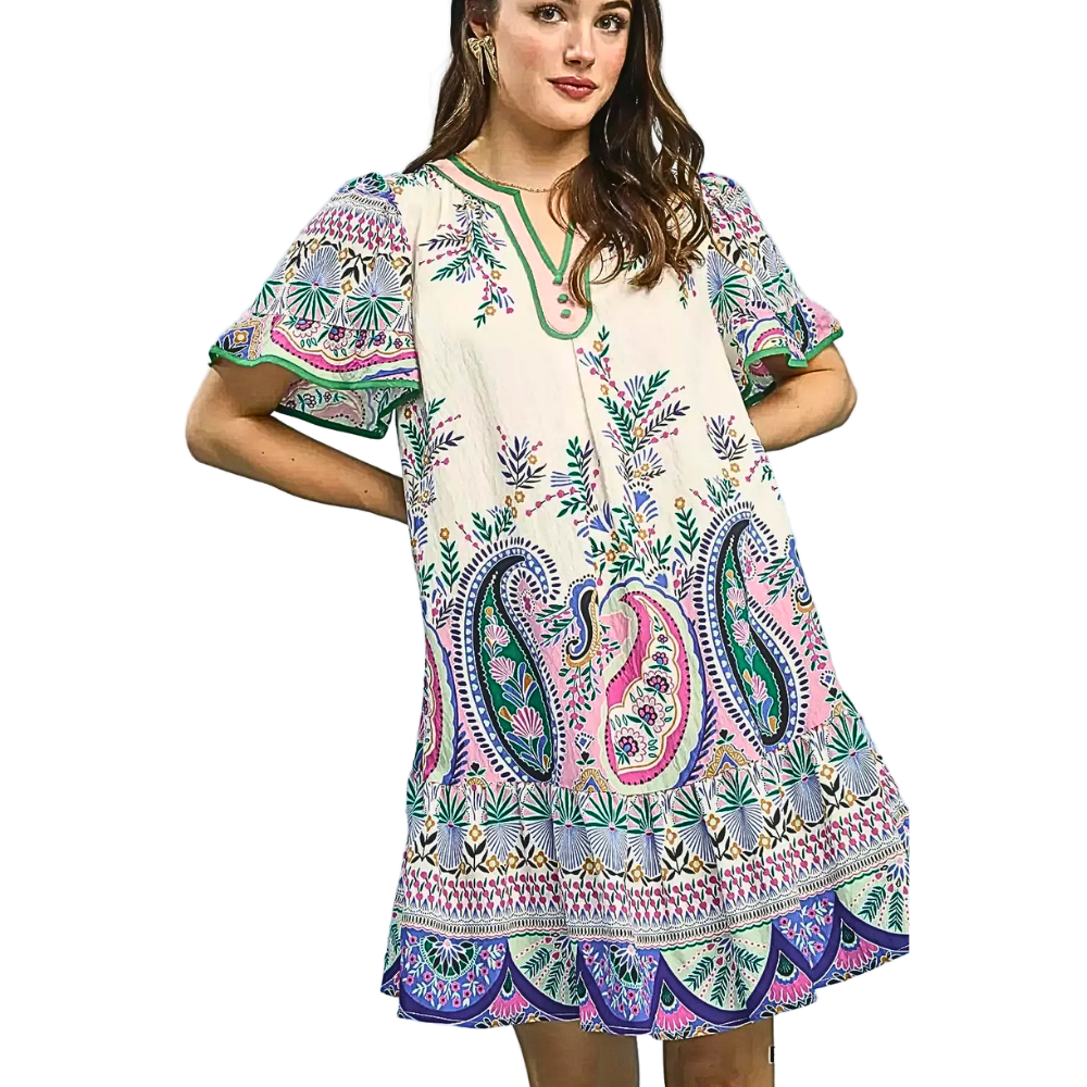 Umgee USA Mini Dress Paisley Floral Print Pink Blue Mix V-Neck Trim Ruffle Slee