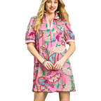 Umgee USA Mini Tunic Dress Paisley Print Floral Pink Mix V-Neck Collar Short Sleeve