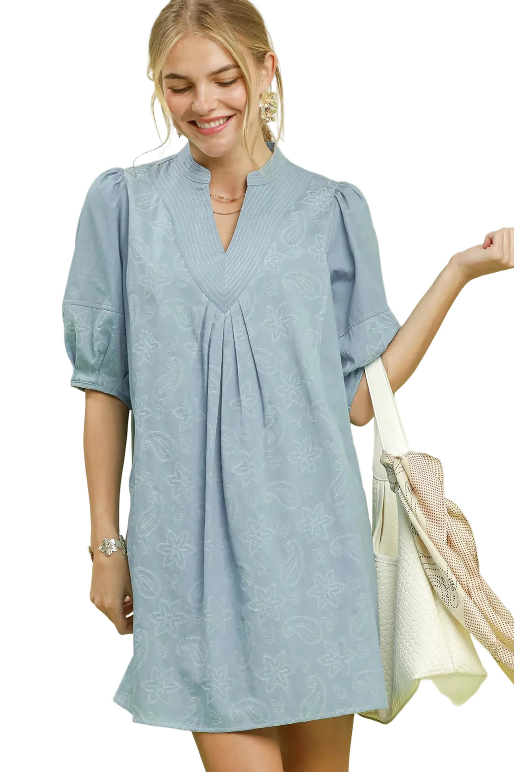 Umgee USA Print Denim Mini Dress – Contrast Stitch & Puff Sleeves | Styleinger