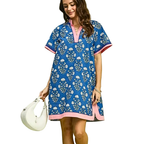 Umgee USA Shift Mini Dress Floral Blue V-Neck Stripe Trim Cotton Side Slits Short