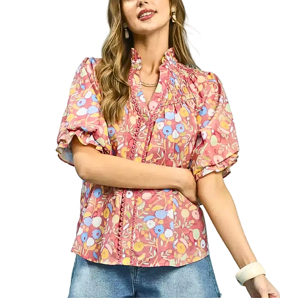 Umgee_USA_Shirt_Blouse_Floral_Ruffle_Trim_V-Neck_Button_Short_Sleeve_Casual_Top