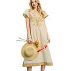 Umgee USA Striped Midi Dress V-Neck Lace Trim Foral Embroidered Latte Ruffle