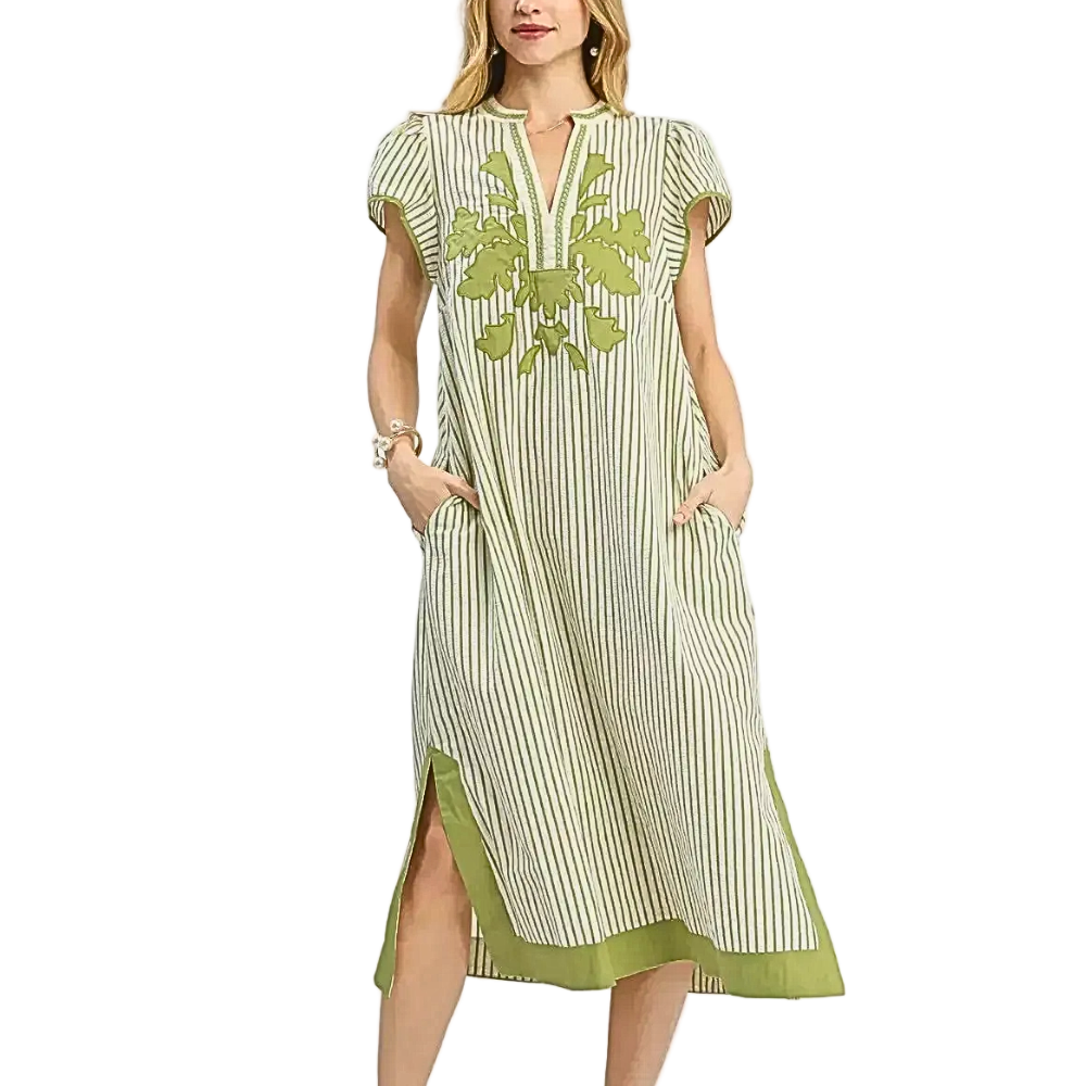 Umgee USA Striped Midi Dress V-Neck Stripe Trim Foral Embroidered Pocketed