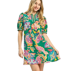 Umgee USA Tunic Mini Dress Floral Freen Mix V-Neck Stripe Trim Short Sleeve