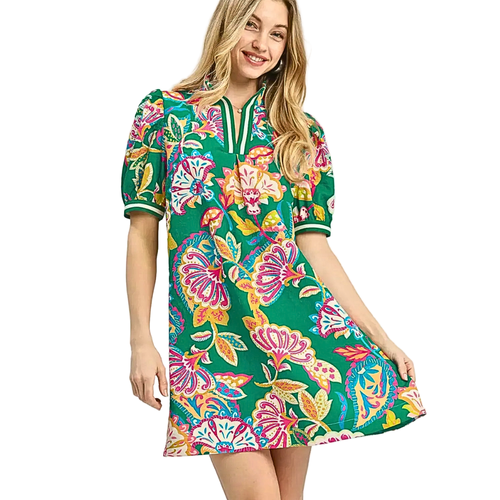 Umgee USA Tunic Mini Dress Floral Freen Mix V-Neck Stripe Trim Short Sleeve