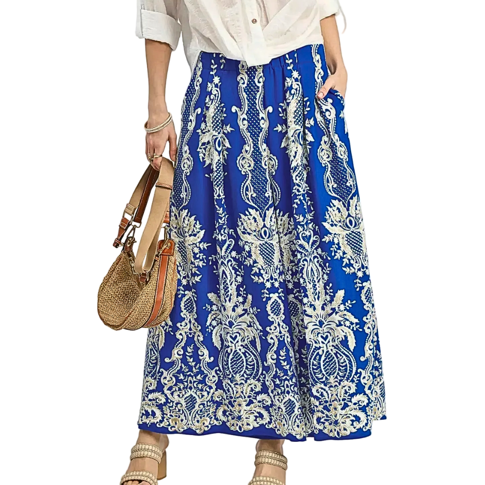 Umgee USA Wide Leg Pants Blue Floral Elastic Waist Loose Ruffle Pleat with Pockets