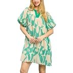 Umgee V-Ausschnitt Abstraktes Muster Shift-Kleid Mintgrün Ballon Kurzarm