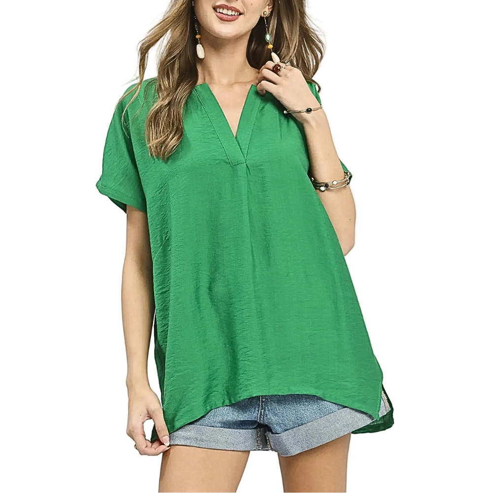 Umgee V-Neck Blouse Tunic Casual Short Sleeve Green Flowy Top