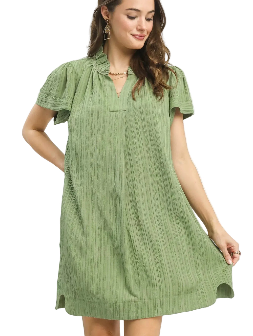 Umgee V-Neck Shift Dress Green Flutter Sleeve Women Casual Pocketed Mini Dress - Styleinger