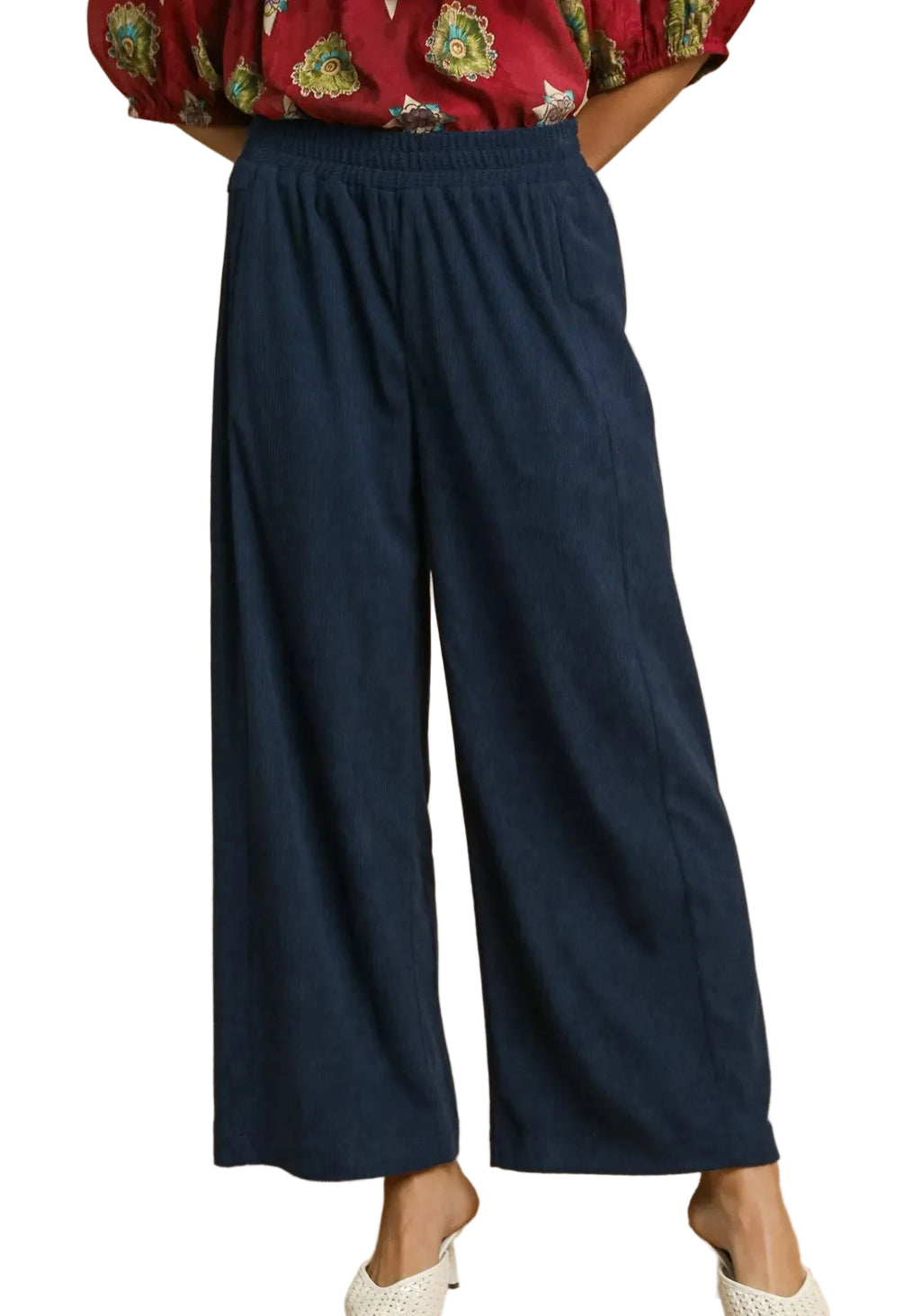 Umgee Wide‑Leg Corduroy Pants Women’s Navy High‑Waist Palazzo Trousers Pocketed - Styleinger